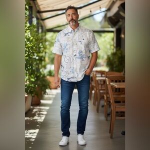 Bohio Breeze Men’s Lt Blue Map Button Down Large Linen Shirt Hawaiian beach NWT